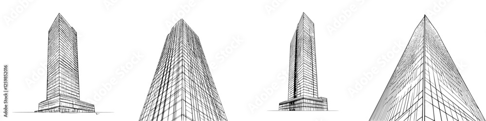 Poster vector illustration showcasing a hand-drawn modern skyscraper from multiple angles in a minimalist s