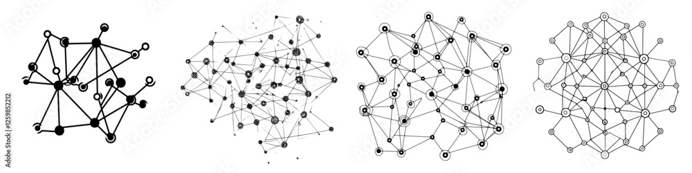 Poster vector illustration of interconnected nodes in a hand-drawn style representing data networks and rel