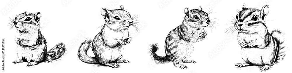 Poster charming hand-drawn vector illustration of four chipmunks displaying unique poses and expressions in
