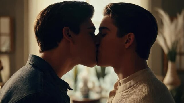 Two young gays kissing each other at home. Intimate scene. Deep emotional connection, love between 2 men students. Private serene environment, guys express affection freely. Romantic interaction