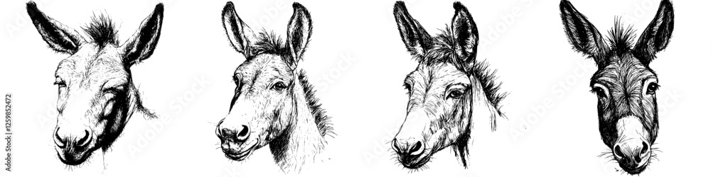 Poster hand-drawn vector illustration featuring different donkey faces showcasing unique expressions and tr