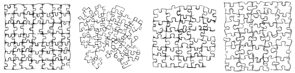 Vector illustration showcasing the process of assembling a hand-drawn puzzle from organized pieces to a completed design