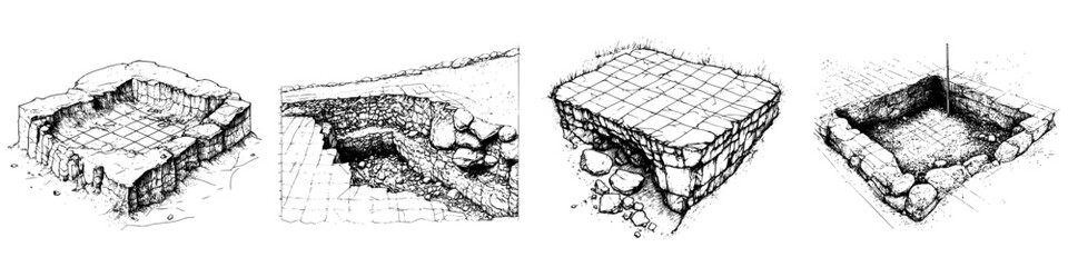 Detailed hand-drawn vector illustration of different excavation stages in archaeological site exploration