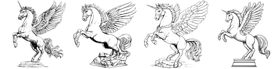 Fototapeta premium Detailed hand-drawn vector illustration of magical winged unicorns in various dynamic poses