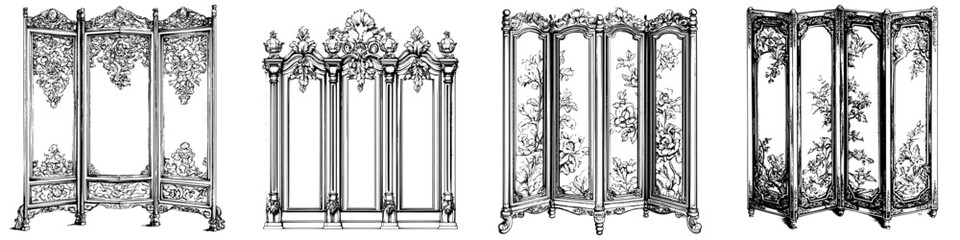Elegant hand-drawn vector illustrations of decorative folding screens with intricate designs and floral motifs in various styles
