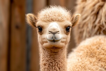 Obraz premium Baby camel portrait, close up of face, looking into camera, fence backdrop