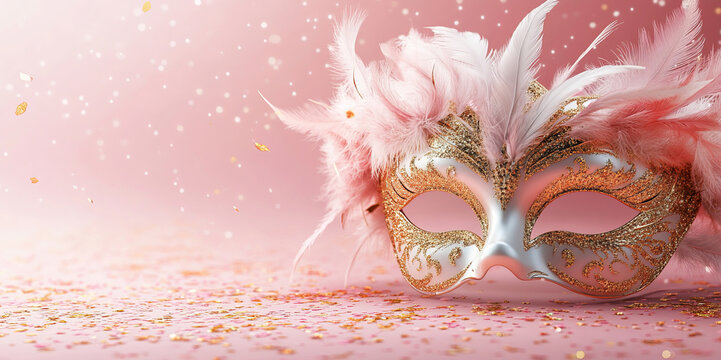 An elegant white and gold masquerade mask with delicate feathers rests on a pastel background adorned with glitter, evoking an air of mystery and sophistication for a festive concept banner.