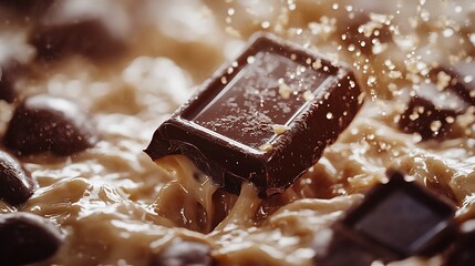 Chocolate bar splitting in slow motion, creamy filling cascading from the center in luscious streams, glossy chocolate surface illuminated by cinematic golden light, hyper-realistic and vivid,