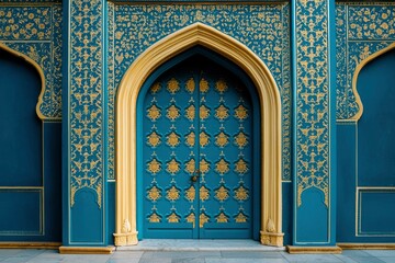 Intricate door of a mosque, framed by arches, golden details, and blue walls