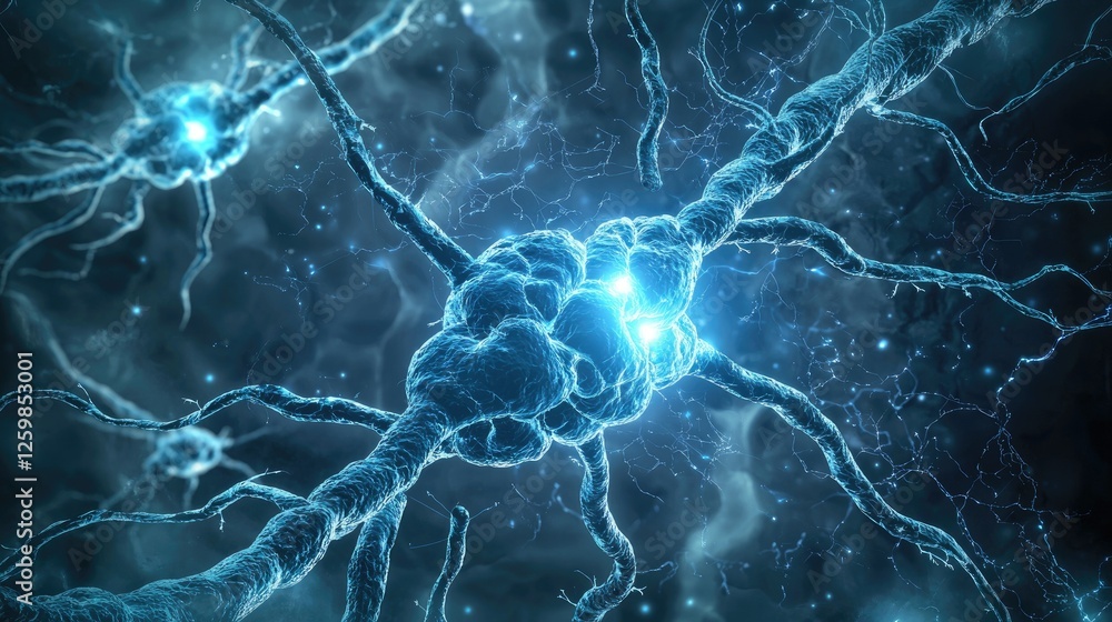 Poster abstract medical visualization of a dna strand merging with a neural and molecular structure.
