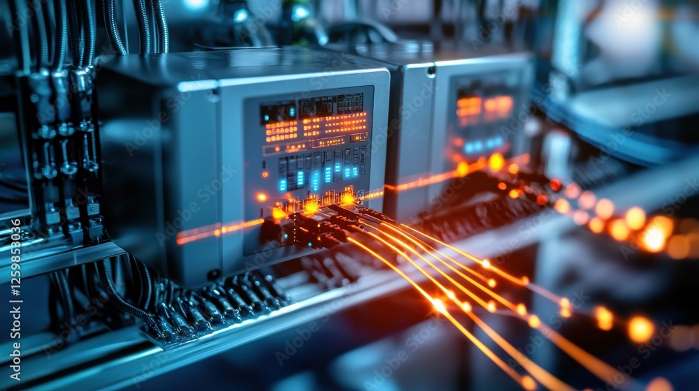 Poster closeup view of glowing electronic circuit board with illuminated connections and circuitry