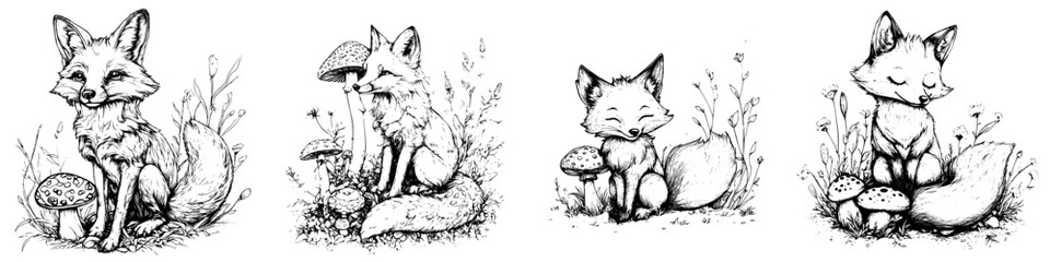 Obraz premium Charming hand-drawn vector illustration of foxes enjoying mushrooms in a serene forest setting