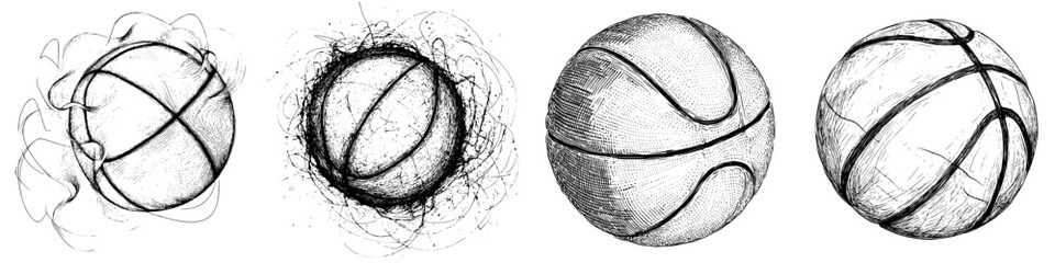 Vector illustration depicting different styles of basketballs in a hand-drawn style showcasing motion and texture