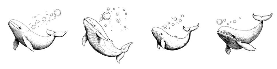 Fototapeta premium Elegant hand-drawn vector illustration of whales swimming and creating bubbles in the ocean