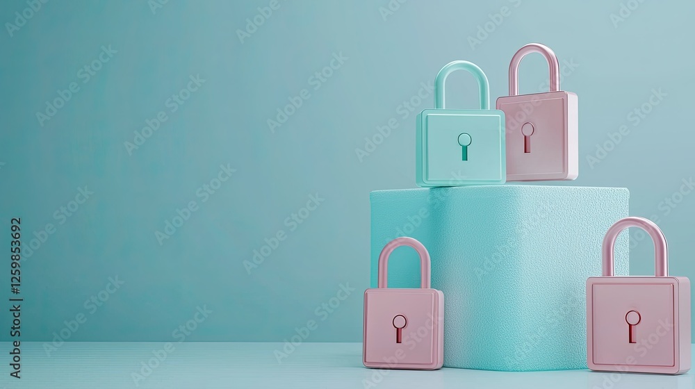 Poster abstract representation of password security with digital locks and authentication icons.