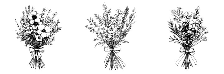Hand-drawn vector illustration of three floral bouquets tied with ribbons, showcasing diverse flowers and greenery