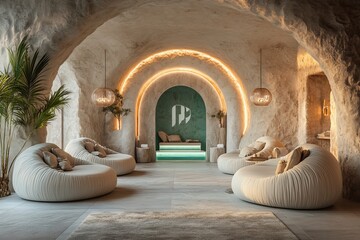 Beauty salon waiting room featuring a reception desk and plush armchairs