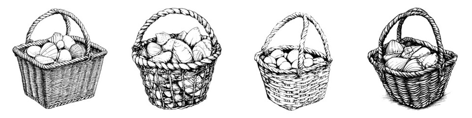 Fototapeta premium Vector illustration of hand-drawn baskets filled with various fruits and vegetables in a rustic style