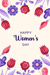 Cute pink floral poster for March 8 Women's Day holiday. Design with flowers frame and text on beige background. Vector illustration.
