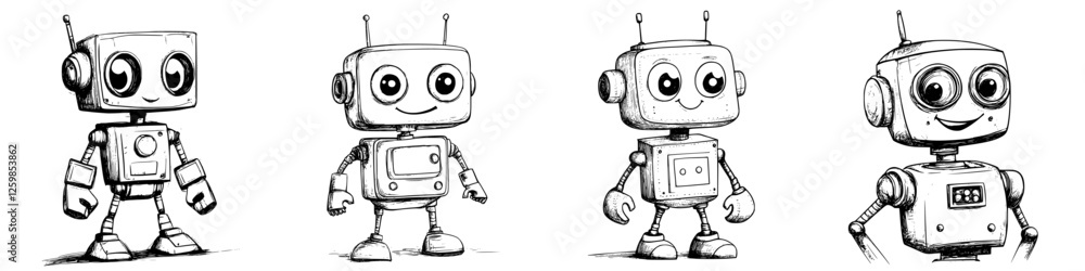Poster fun hand-drawn vector illustration of playful robots showcasing unique features and expressions duri