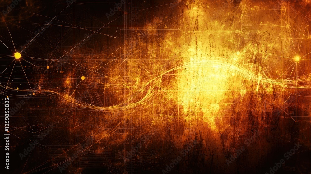 Poster abstract science-inspired background with dna, atomic structures, and interconnected dots.