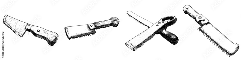 Poster hand drawn vector illustration of various types of saws displayed creatively on a white background