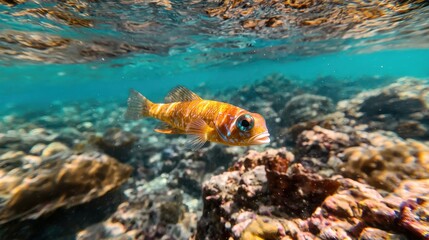 Fototapeta premium A fish is swimming in the ocean near some rocks