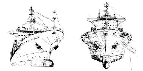 Detailed hand-drawn vector illustration showcasing two large ships from different angles in a nautical setting