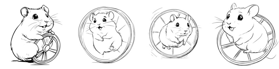 Fun and playful hamsters exercising on wheels in a charming hand-drawn style