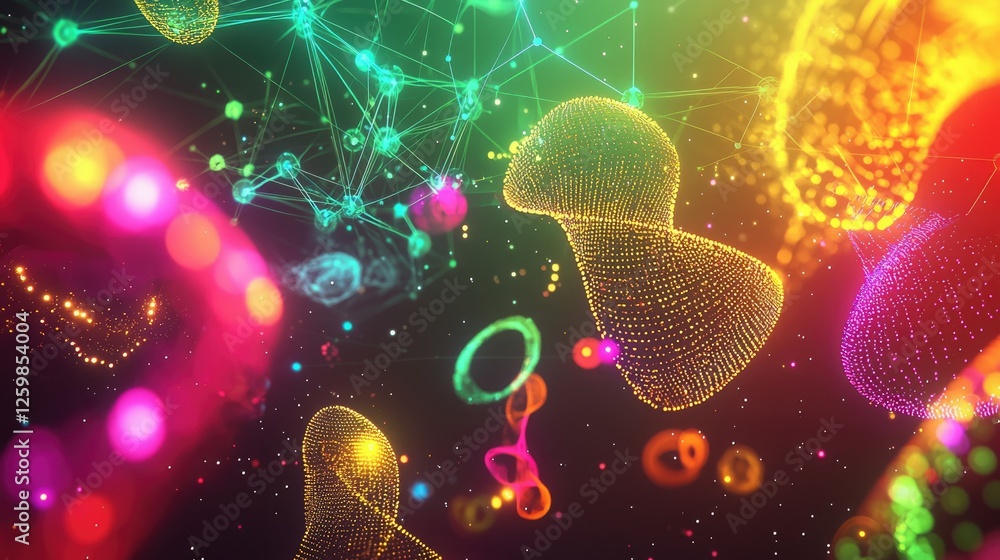Poster abstract science-inspired background with dna, atomic structures, and interconnected dots.