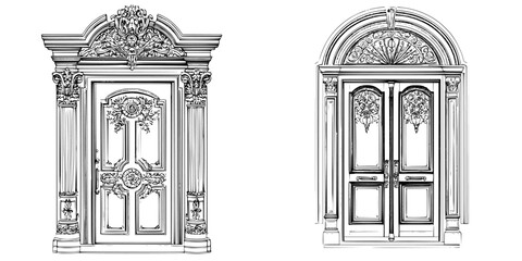 Fototapeta premium Stunning hand-drawn vector illustration of ornate doors with intricate designs in classical architectural style