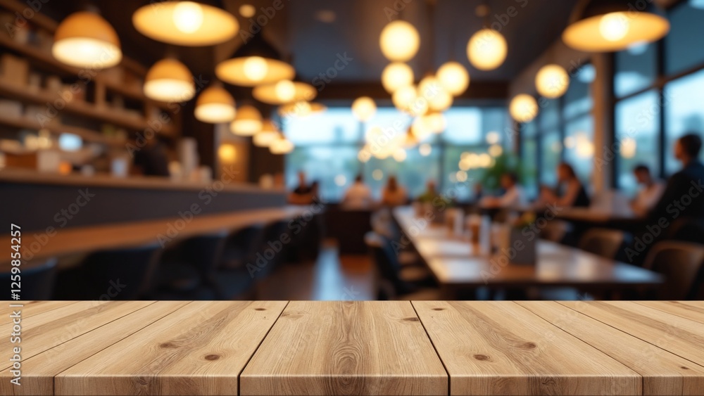 Poster empty wooden table top with lights bokeh on blur restaurant background