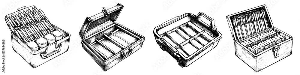 Poster hand-drawn vector illustration of various tool boxes in intricate detail, showcasing compartments an