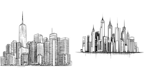 Fototapeta premium Hand-drawn vector illustration of urban skyscrapers showcasing a bustling city skyline at dawn