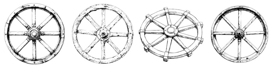 Obraz premium Hand-drawn vector illustration of vintage wooden wheels showcasing four designs in a rustic style