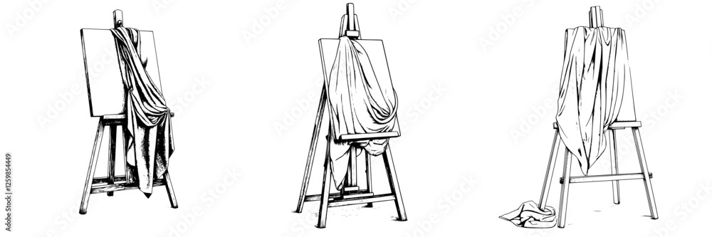 Poster hand-drawn vector illustration of easels draped with fabric in an artistic studio setting