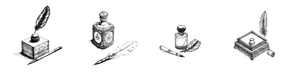 Intricate hand-drawn vector illustration of vintage writing tools with feathers and ink bottles