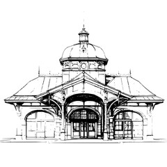 Obraz premium Hand-drawn vector illustration of a historic building with ornate architecture and intricate details