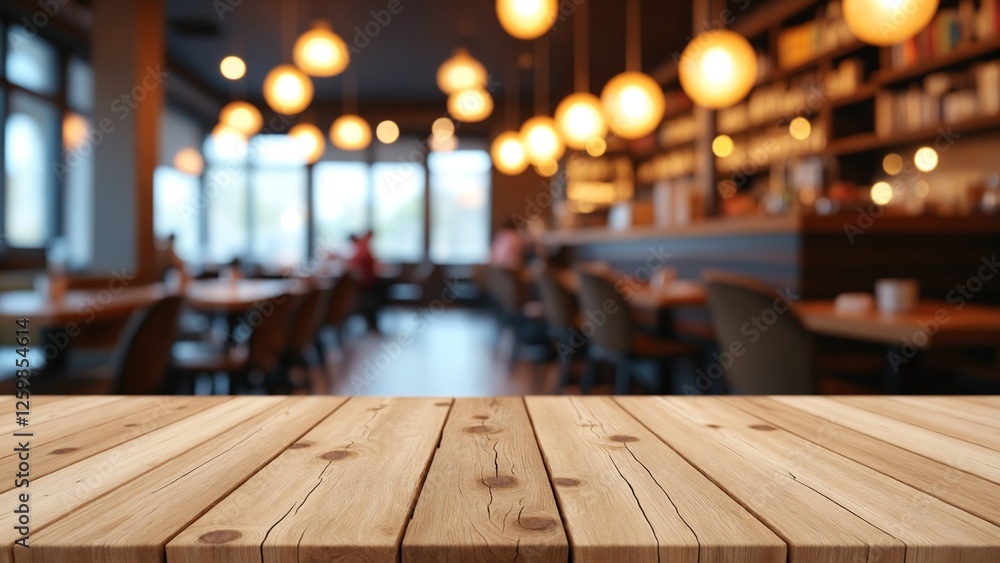 Poster empty wooden table top with lights bokeh on blur restaurant background
