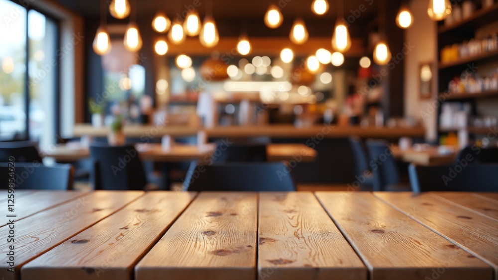 Poster empty wooden table top with lights bokeh on blur restaurant background