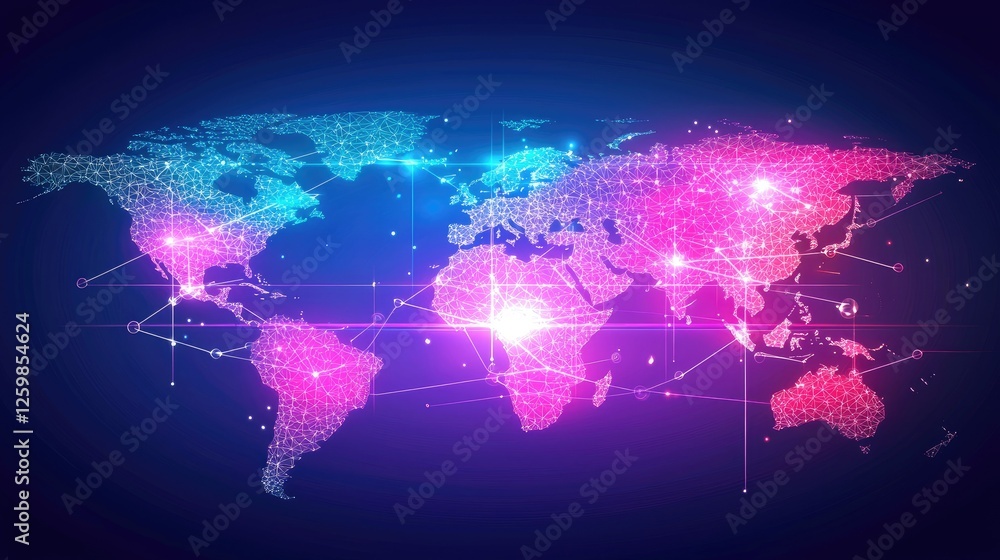 Poster abstract world map glowing with intricate digital network connections and futuristic tech vibes.