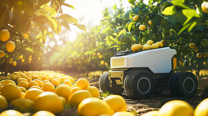 A autonomous robotic truck harvesting fresh lemons in agricultural orchard, Smart farm, agriculture technology with automated harvesting fresh lemons, A modern and sustainable farming
