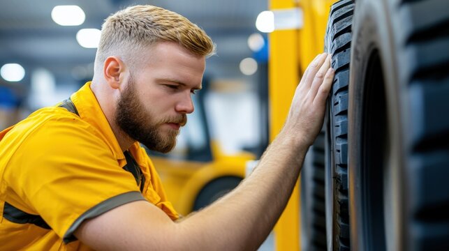 A technician inspects a tire with focus and precision in a workshop setting.