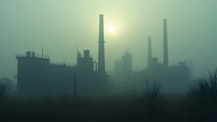 Fotobehang A eerie depiction of fog in a city featuring abandoned factories and urban landscapes with misty mornings and eerie atmospheres. © ModernFiles