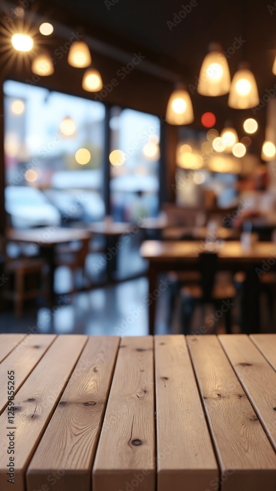 Poster empty wooden table top with lights bokeh on blur restaurant background