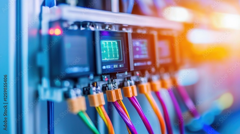 Poster close up view of colorful electronic circuit board with various components and cables