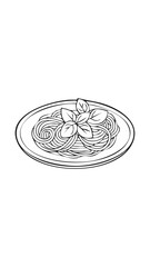 Spaghetti Pasta Food Eatery Meal Coloring Kid Book Page in Black and White. Monochrome and Colored Samples
