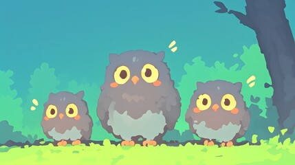 Obraz premium Three curious owls perched on tree branches in a lush green woodland at night The trio of birds are silhouetted against the dark sky their large eyes and soft feathers visible in the dim light