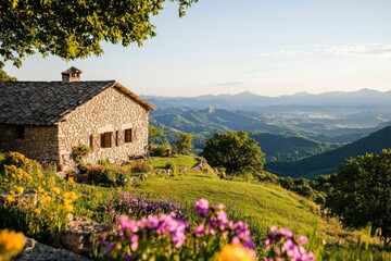 Fototapeta premium Stone house on hillside overlooks mountains during sunset; peaceful rural vacation