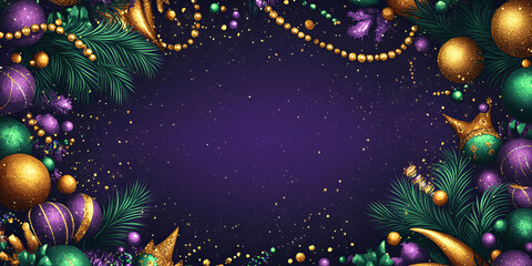 A Mardi Gras-inspired background in bold purple, green, and gold tones, decorated with beads and masks, featuring a blank space at the center for text or promotional elements.